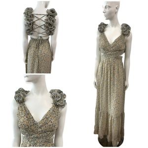 Unique Fate Shimmer Chiffon Ruffle Cutout Maxi Dress